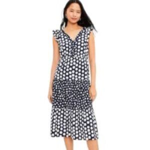 Loft Dotted Flutter Sleeve V-neck Midi Dress Large